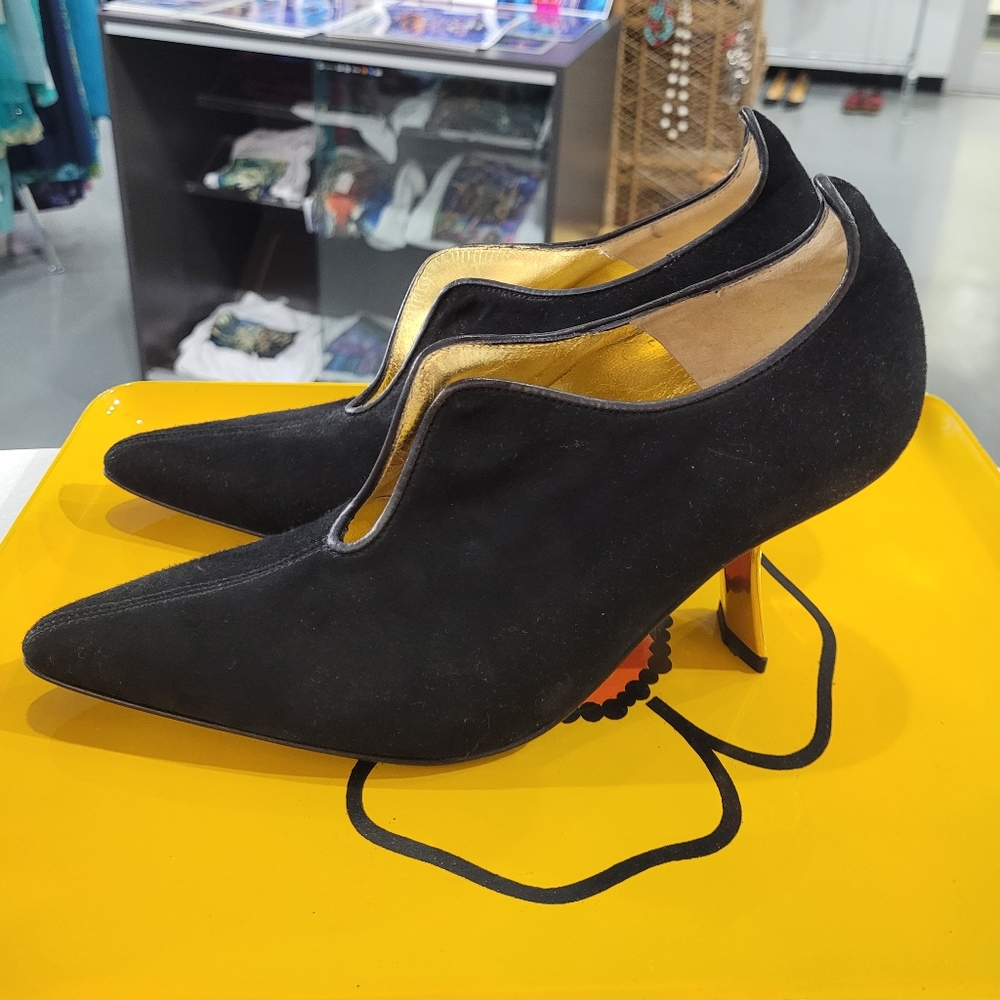 1980's Designer Timothy Hitsman Suede Artist Futuristic Gold Metal Heel Like NEW